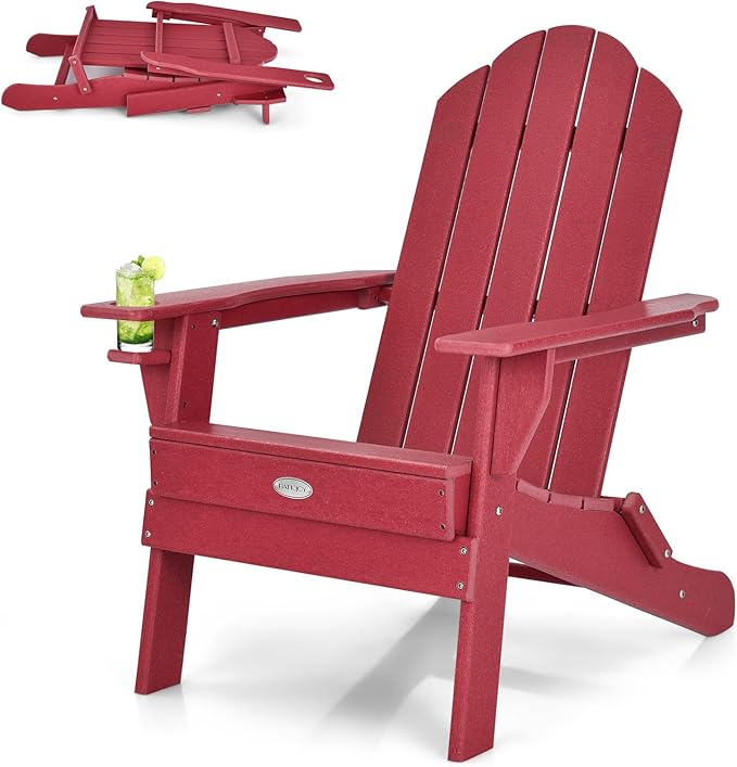 Tangkula Outdoor Folding Adirondack Chair, HDPE Armchairs with Cup Holder, Weather Resistant Lounger Chair for Patio Garden Fire Pit Backyard, Lawn Porch Seating, Adirondack Lounger (1, Red)