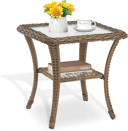 MEETWARM Wicker Outdoor Side Table, All-Weather Patio Rattan Side Table with Tempered Glass Top and Storage Shelf, Small Patio End Table for Outside Indoor Poolside Deck Garden, Brown