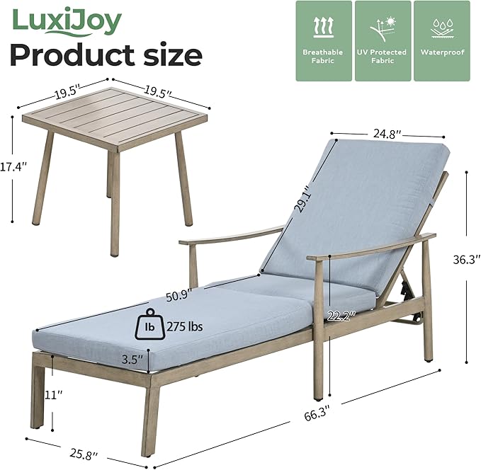 Outdoor Lounge Chair with Armrest, Patio Aluminum Chaise Lounge Set of 2, Adjustable Backrest with Rope Design - Photo 2