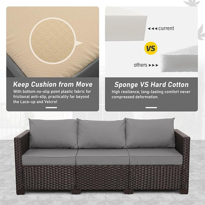 Valita Patio Furniture 3-seat Sofa Brown Wicker Outdoor Furniture Outdoor Couch Deep Seat High Backrest Waterproof Cover Anti-Slip Washable Cushions, Grey