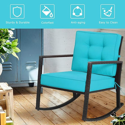 Tangkula Wicker Rocking Chair, Outdoor Glider Rattan Rocker Chair with Heavy-Duty Steel Frame, Patio Wicker Furniture Seat with 5” Thick Cushion for Garden, Porch, Backyard, Poolside (1, Turquoise)