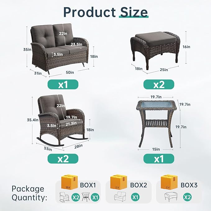 Patio Rocking Chair - 6 Peices Outdoor Wicker Rocker Porch Chair Set with A Rocking Loveseat, Tempered Glass Side Table, and 2 Ottoman, Rattan Seating for Balcony Garden Brown/Grey
