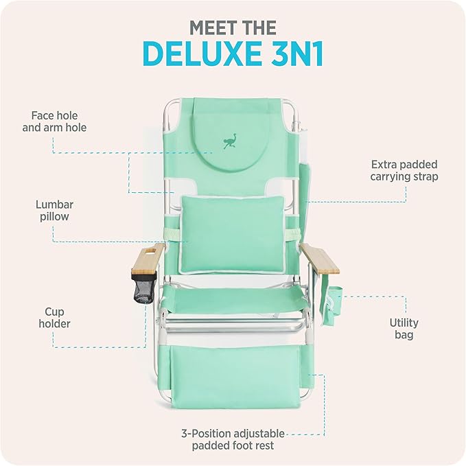 Ostrich the Deluxe 3N1 Reclining Lounge Chair, Folding Outdoor Lounger and Extra-Wide Beach Chair with Wooden Armrests and Face Hole, Teal