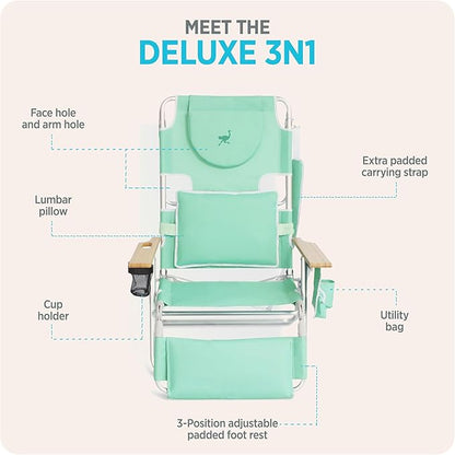 Ostrich the Deluxe 3N1 Reclining Lounge Chair, Folding Outdoor Lounger and Extra-Wide Beach Chair with Wooden Armrests and Face Hole, Teal