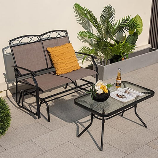 Tangkula 2 Pcs Patio Glider Conversation Set, Outdoor Gliding Loveseat w/Tempered Glass Coffee Table, Heavy-Duty Patio Furniture Set for Backyard, Porch, Poolside (2 PCS Patio Glider Set)