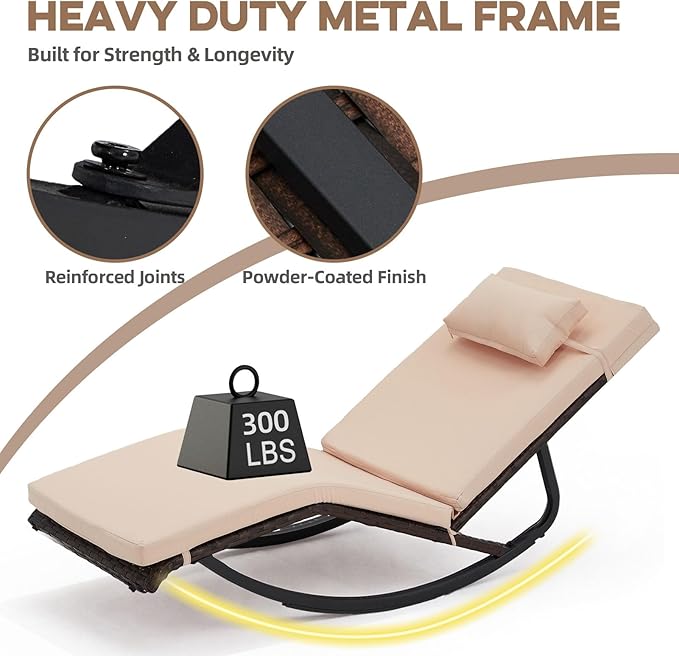Outdoor Lounge Chair Set of 3, Patio Chaise Lounger with Folding Table and Adjustable Headrest, Easy 4-Step Assembly, All-Weather PE Rattan & Steel Frame for Pool, Patio, Porch, Backyard(Khaki)