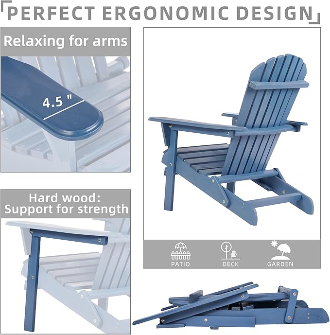 SoliWood Outdoor Wooden Folding Adirondack Chair Set of 4 with Pre-Assembled BackRest, Wood Patio Chair for Garden Backyard Porch Pool Deck Firepit