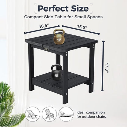 Square Outdoor Side Table Adirondack Side Table, Water-resistant & 2-Tier Small End Table for Patio, Beach Chair & Poolside, Bedside Table for Living Room & Bedroom, Easy Assembly, Black