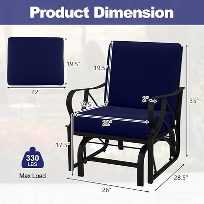 Tangkula Outdoor Patio Glider, Metal Framed Gliding Chair with Cushion, Ergonomic Single-Person Outdoor Patio Chair with Curved Armrest, Smooth Rocking Arms, and Sprayed Finish for Porch, Patio