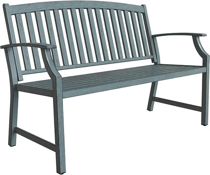 Grand patio 52" Farmhouse Outdoor Bench, Garden Benches with Rust Free Metal Powder Coated Frame and Aluminum Backrest, Faux Wood Grain Finish Frame Patio Bench for Front Porch, Weathered Blue