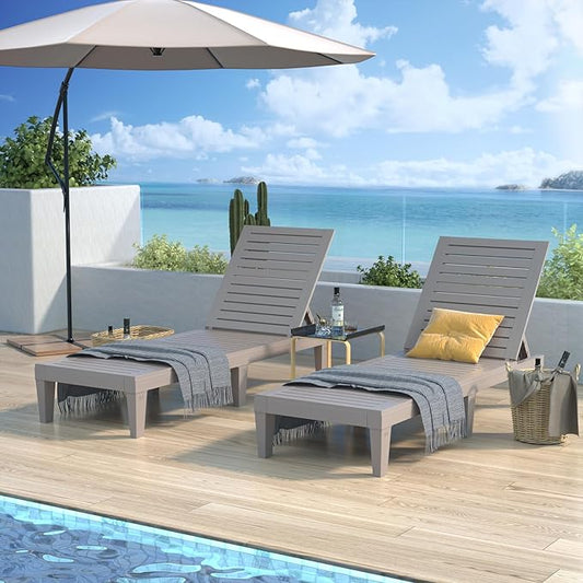 Outdoor Lounge Chairs Set of 2 for Poolside Patio, Weather-Resistant Pool Chaise Lounge with Adjustable Backrest, Resin Tanning Chair Sun Lounger for Outside Deck, Beach, Sunbathing, Taupe