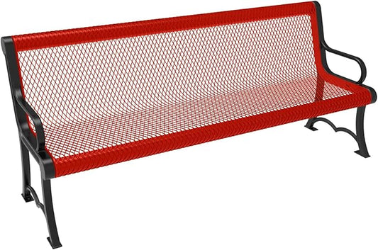 COATEDOUTDOORFURNITURE Coated Outdoor Furniture Heavy-Duty Outdoor Bench Thermoplastic Coated, Expanded Metal, Commercial-Grade Garden Bench, Made in America (Portable with Back, 6 Ft, Red)