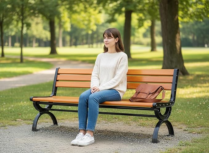 Outdoor Benches Cast Aluminum Preservative Wood 67IN(170CM) Patio Garden Bench Perfect for Backyard, Lawn, Porch, Path - Photo 3