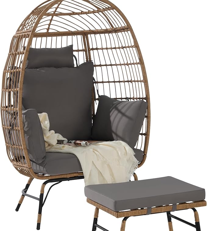 Oversized Wicker Egg Chair with Ottoman, Rattan Patio Egg Chair with Stand and Thick Cushions - Photo 9