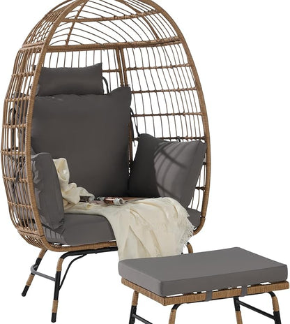 Oversized Wicker Egg Chair with Ottoman, Rattan Patio Egg Chair with Stand and Thick Cushions, Indoor Outdoor Lounge Chair for Backyard, Balcony, Living Room, Dark Gray＋Ottoman