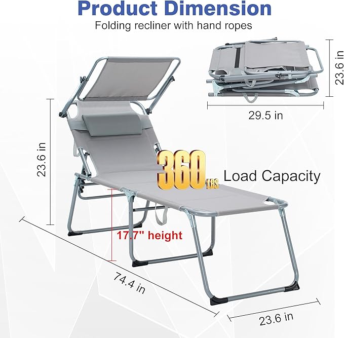Folding Outdoor Lounge Recliner Chairs, Patio Lawn Chairs with Adjustable Backrest - Photo 2