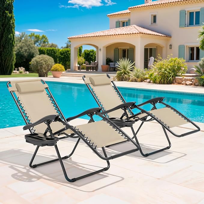 Magshion Zero Gravity Lounge Chairs Set of 2, Outdoor Patio Reclining Chair with Side Tray, Adjustable Anti-Gravity Recliners with Pillow Headrest, Folding Lounger for Lawn Camping Beach, Cream