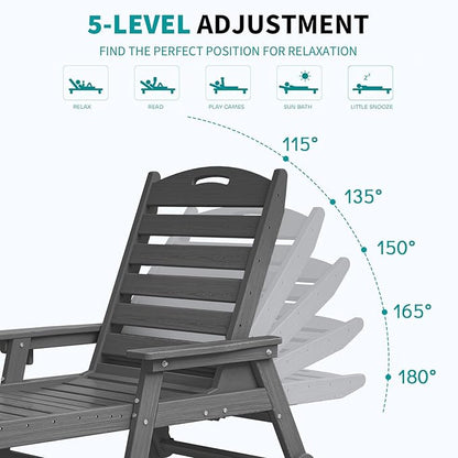 Plawdlik Oversized Patio Chaise Lounge, 5 Positions Adjustable HDPE Outdoor Lounge Chair with Rolling Wheels & Cup Holder,All-Weather for Poolside, Beach, Garden - Gray