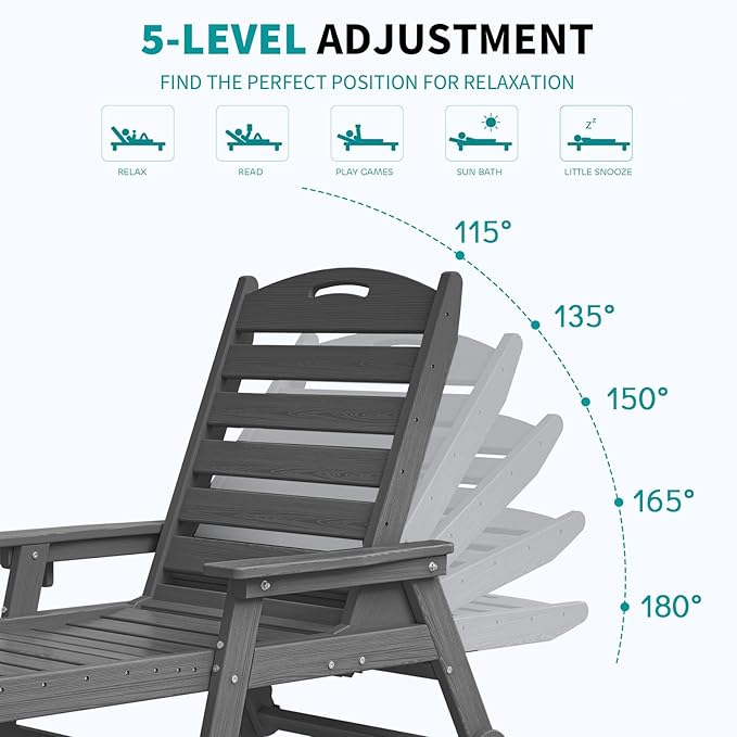 Plawdlik Oversized Patio Chaise Lounge Set of 2, 5 Positions Adjustable HDPE Outdoor Lounge Chair with Rolling Wheels & Cup Holder,All-Weather for Poolside, Beach, Garden - Gray