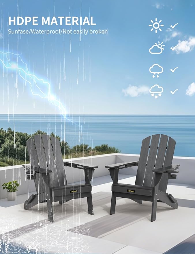 Folding Adirondack Chair Set of 6, Wooden Textured Plastic Adirondack Chairs with 2 Cup Holder, Weather Resistant HDPE Fire Pit Chair, Outdoor Patio Chairs for Garden, Backyard, Lawn, Deck, Grey