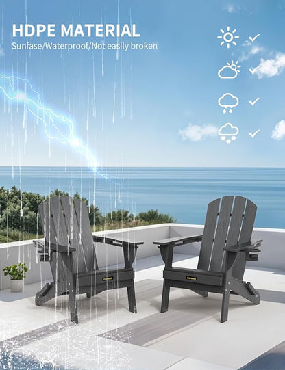 Folding Adirondack Chair Set of 4, Wooden Textured Plastic Adirondack Chairs with 2 Cup Holder, Weather Resistant HDPE Fire Pit Chair, Outdoor Patio Chairs for Garden, Backyard, Lawn, Deck, Grey