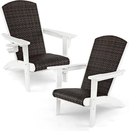 Tangkula Patio Wicker Adirondack Chair, HDPE Lounge Chair w/Rattan Padded Seat & Back, Wide Armrests & Hidden Cupholder, Outdoor All-Weather Adirondack Fire Pit Chair for Backyard, Lawn (2, White)