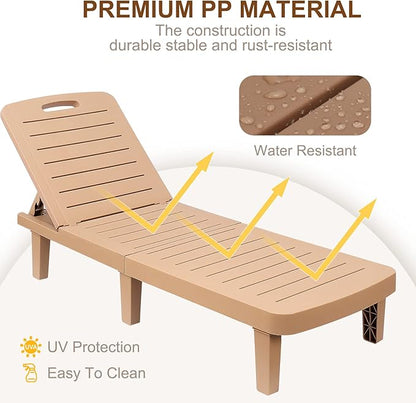 Outdoor Chaise Lounge Set of 4, Waterproof Resin Lounge Chairs for Outside w/Adjustable 5 Positions All Weather Recliner Chair for Patio, Poolside, Beach, Yard, Brown
