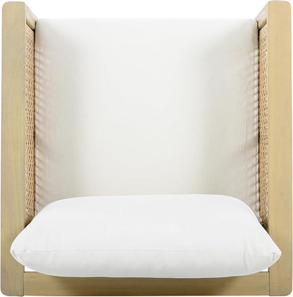 Merax Outdoor Acacia Wood Chair Set of 2 PE Wicker Club Chair Dining Chair with Waterproof Detachable Cushion, Light Teak Finish & Cream Cushion