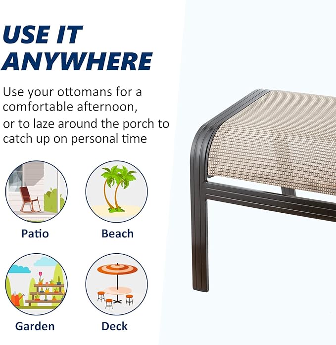 Outdoor Patio Ottoman Seat Textilene Portable Metal Footstool Portable Footrest Patio Chairs 2 Set Beige - Photo 5