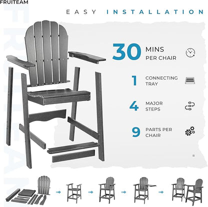 FRUITEAM High-Adirondack-Chairs Set of 2 with Connecting Tray, Outdoor Weather-Resistant Deck Chairs, Low-Maintenance Poly Balcony Set, for Patio, Poolside, Garden