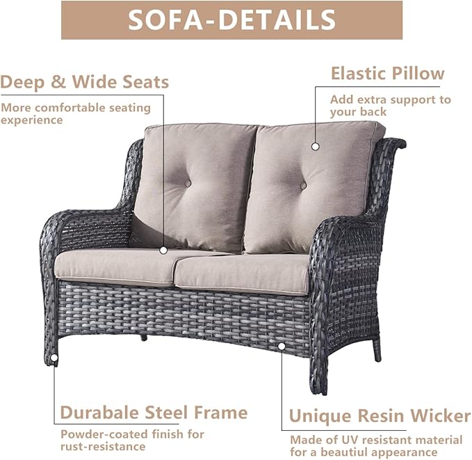 HUMMUH 4 Piece Patio Conversation Furniture Set PE Wicker Rattan Outdoor Loveseat Sofa,Patio Chairs,Coffee Table for Garden,Poolside,Backyard,Deck