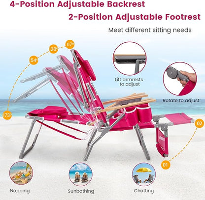 Goplus 3-in-1 Foldable Beach Chair, Lay-Flat Tanning Chair with Face and Arm Holes, Footrest, 330 lbs Heavy-Duty Portable Reclining Lounge Chairs for Outside, Camping, Patio, Poolside, Lawn (2,Red)