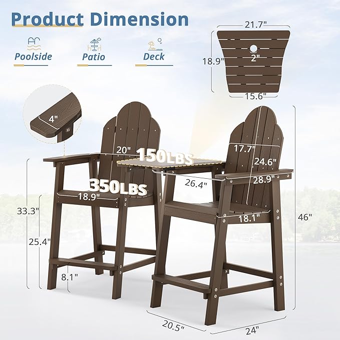 LUE BONA Tall Adirondack Chair Set of 2, All Weather HDPS Bar Height Adirondack Chair with Detachable Table & Umbrella Hole, Adirondack Barstools for Patio, Deck, Backyard & Commercial Use Dark Brown