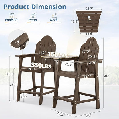 LUE BONA Tall Adirondack Chair Set of 2, All Weather HDPS Bar Height Adirondack Chair with Detachable Table & Umbrella Hole, Adirondack Barstools for Patio, Deck, Backyard & Commercial Use Dark Brown