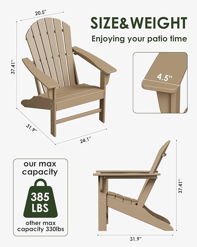 Poly Lumber Adirondack Chair, HDPE All-Weather Resistant Outdoor Patio Chairs, Pre-Assembled Outdoor Fire Pit Chair for Pool, Deck, Backyard, Garden, Weather Wood