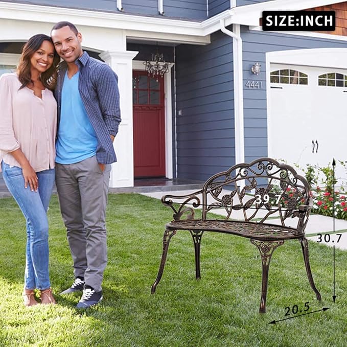 Patio Garden Bench Outdoor Metal Rose Loveseat,39in Cast Iron Well-Crafted Floral Back Antique Finish Park Chair,Accented Lawn Front Porch Path Yard Bronze Decor Deck Furniture for 2|Easy Assembly