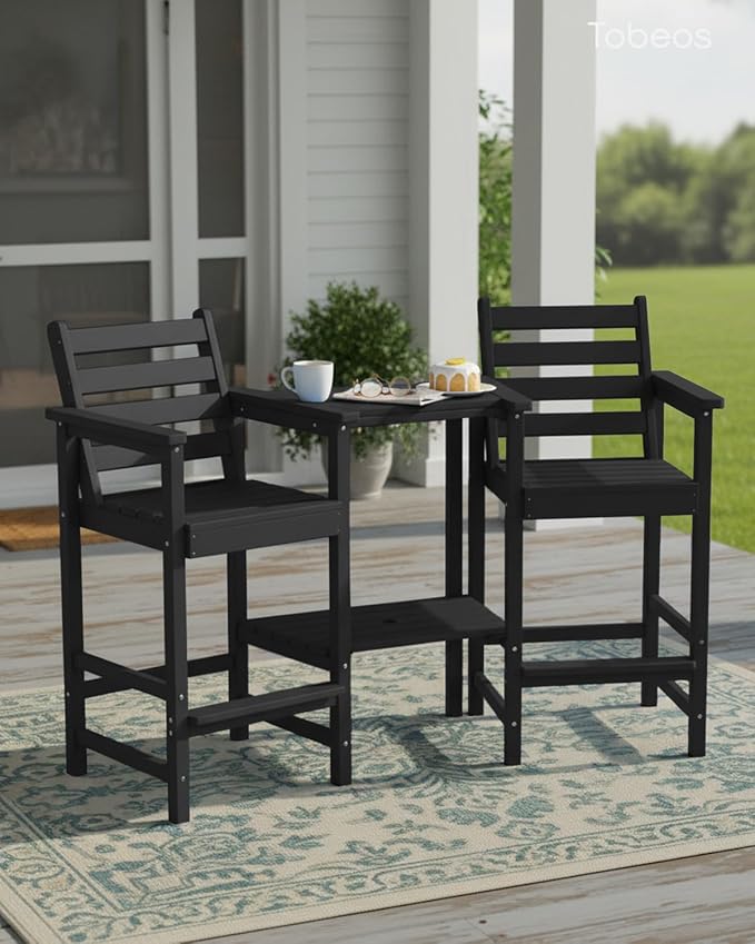 Tall Adirondack Chairs Set of 2, Bar Height HDPE Outdoor Chairs with Connecting Tray & Umbrella Hole, Balcony Patio Adirondack Chairs for Deck, Garden, Lawn,Black