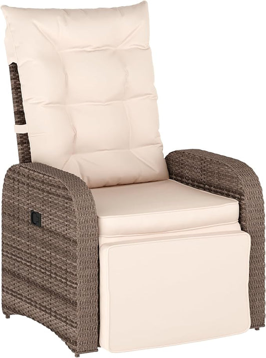 Flash Furniture Nemo Indoor/Outdoor Patio Wicker Rattan Recliner, Lounge Chair with Flip-Up Side Table, Beige/Brown
