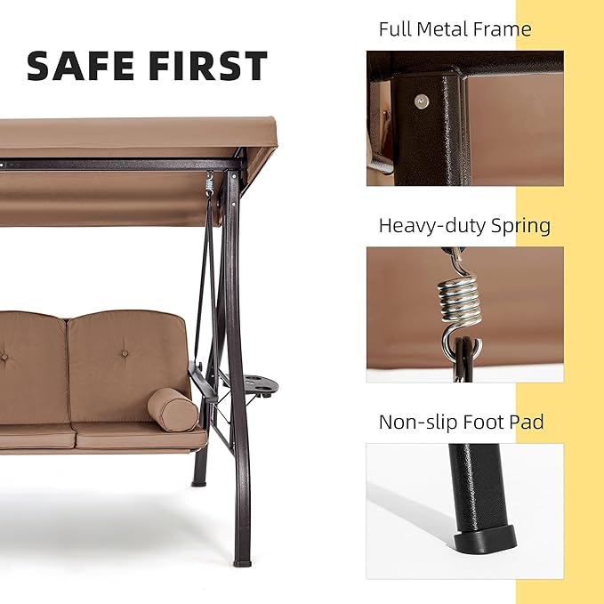 HOMREST 3 Seat Outdoor Porch Swing with 1.5" Deepened Cup Holder, Adjustable Canopy, Patio Swing Bed with Stand - Photo 4