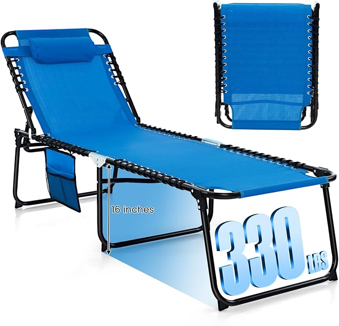 GYMAX Lounge Chairs for Outside, Extra High Folding Beach Tanning Lounger with Adjustable Backrest - Photo 1
