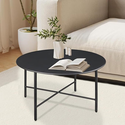 Patio Round Steel Patio Coffee Table, Weather Resistant Anti-Rust and Waterproof Indoor and Outdoor Large Side Table, for Garden Living Room Bedroom Balcony（Hight Black）