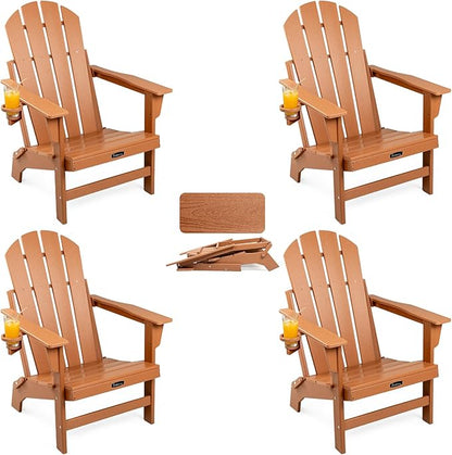 FUNBERRY Folding Adirondack Chairs Set of 4, HDPE Stable Gun-Leg Design Fire Pit Chairs with Cupholder All Weather for Outside