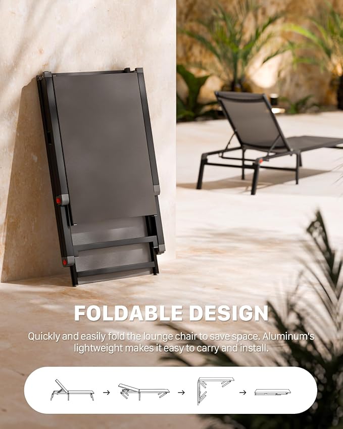 Aluminum Patio Chaise Lounge Chair Set of 2 with Side Table,5-Position Adjustable Backrest,Foldable Lounge Chair Outdoor,Pool Lounge Chairs for Poolside,Lawn,Deck,Beach (Grey, 2 Pack+Table)