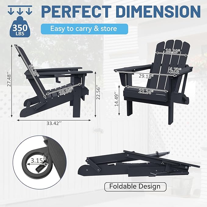 Adirondack Chairs Set of 2, Plastic Adirondack Chair, Adirondack Chairs, HDPE Adirondack Chair, Folding Adirondack Chairs, Outdoor Chairs with Cup Holder for Lawn Patio Deck Fire Pit -Black