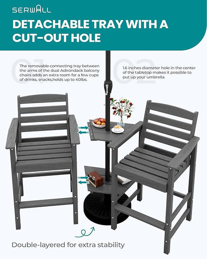 SERWALL Tall Adirondack Chairs Set of 2 with Connecting Table, Grey