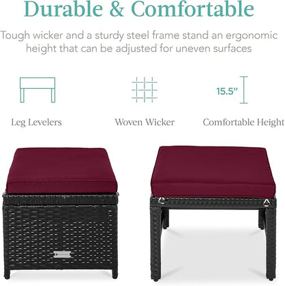Best Choice Products Set of 2 Wicker Ottomans, Multipurpose Outdoor Furniture for Patio, Backyard, Additional Seating, Footrest, Side Table w/Removable Cushions, Steel Frame - Deep Burgundy/Black