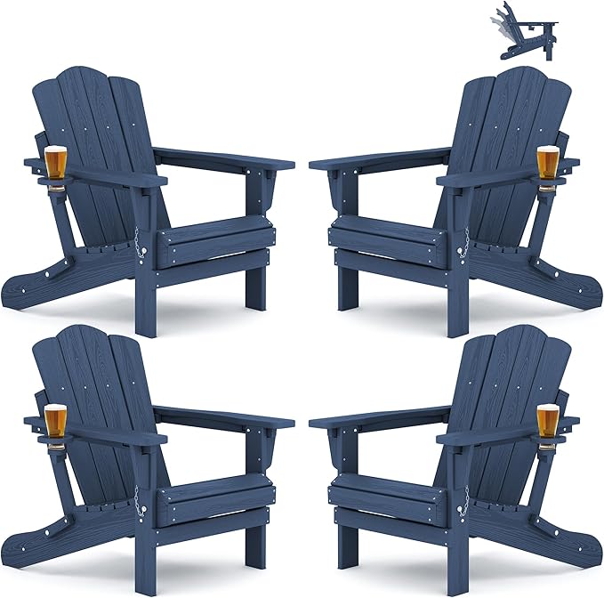 KINGYES Adjustable Folding Adirondack Chair Set of 4, 3-Position Reclining Adirondack Chairs with Cup Holder, HDPE All-Weather Oversized Adirondack for Outdoor, Patio, Backyard Deck, Fire Pit, Blue