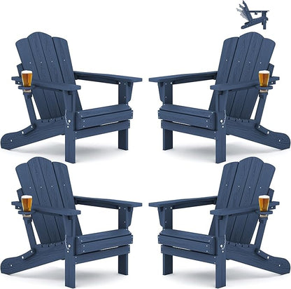 KINGYES Adjustable Folding Adirondack Chair Set of 4, 3-Position Reclining Adirondack Chairs with Cup Holder, HDPE All-Weather Oversized Adirondack for Outdoor, Patio, Backyard Deck, Fire Pit, Blue