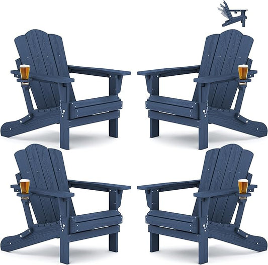 KINGYES Adjustable Folding Adirondack Chair Set of 4, 3-Position Reclining Adirondack Chairs with Cup Holder, HDPE All-Weather Oversized Adirondack for Outdoor, Patio, Backyard Deck, Fire Pit, Blue