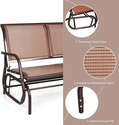 LDAILY LUARANE Swing Glider Chair, Heavy-Duty Steel Frame 2-Person Outdoor Swing Bench, Sliding Rocker Double Seat Suitable for Backyard, Garden, Poolside, Lawn (Brown)